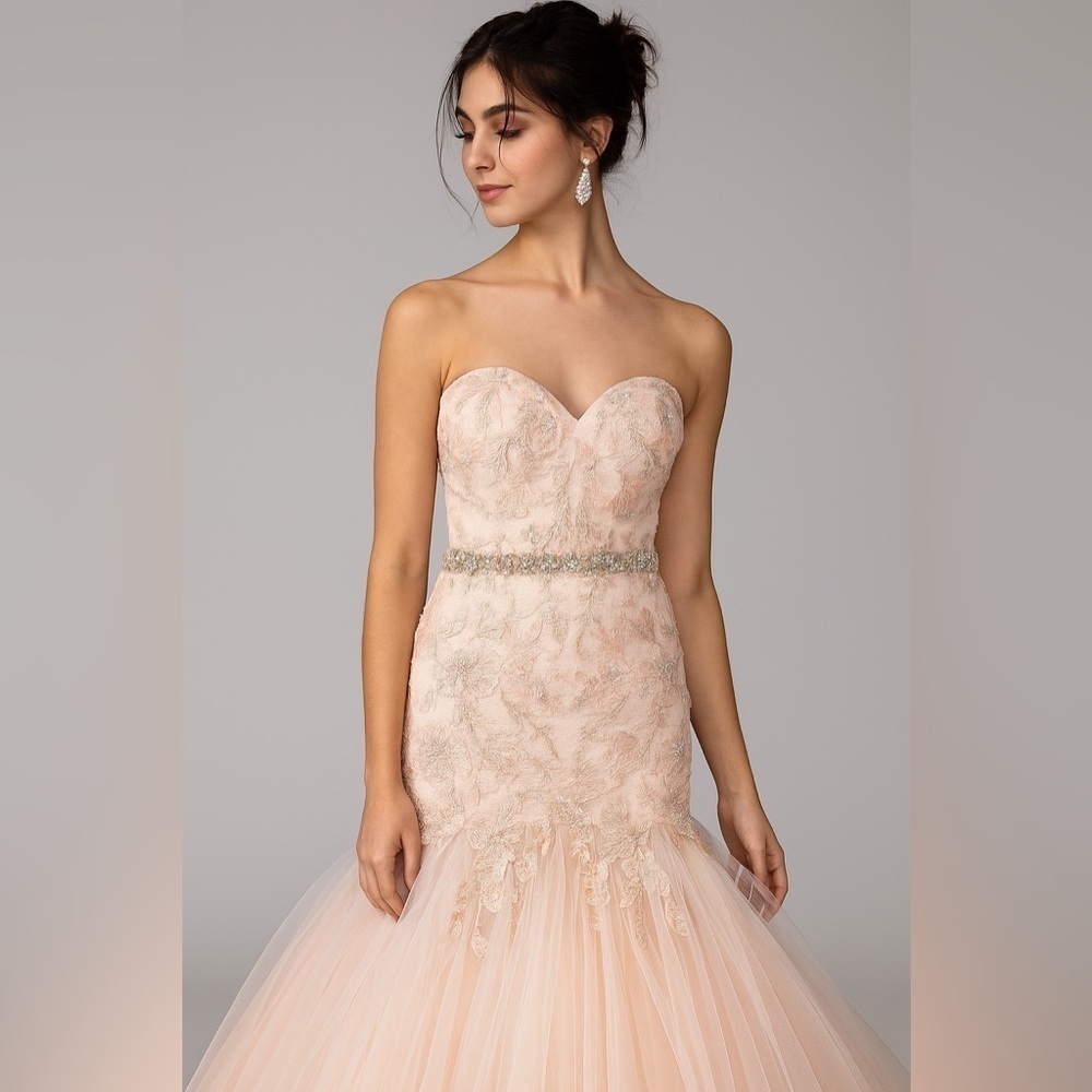 Mac Duggal | Blush Mermaid Lace Embellished Wedding Dress Formal Bridal Prom